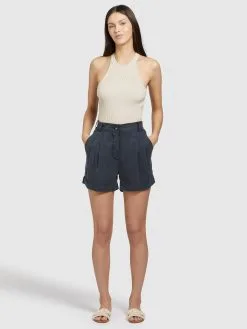 Khujo Shorts Loosefit Bandplooibroek Elida Dames Donkerblauw -Aanbiedingen Khujo Winkel 1b2a19aa5add3a79099374f81e49f251